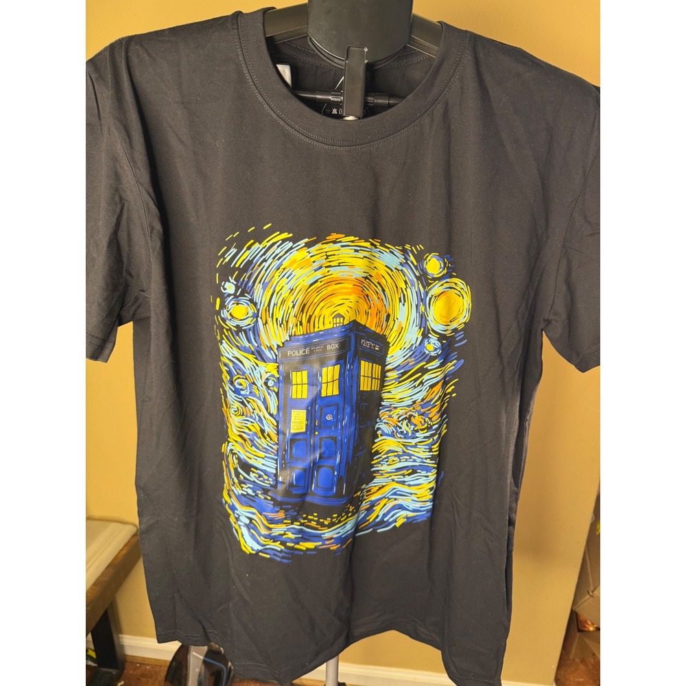 Doctor Who TARDIS Starry Night Van Gogh Graphic T-Shirt Black Large Cotton